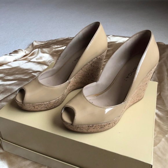 Via Spiga Tan Patent Leather Open Toe Cork Platform Shoes Size 7 - Picture 2 of 4
